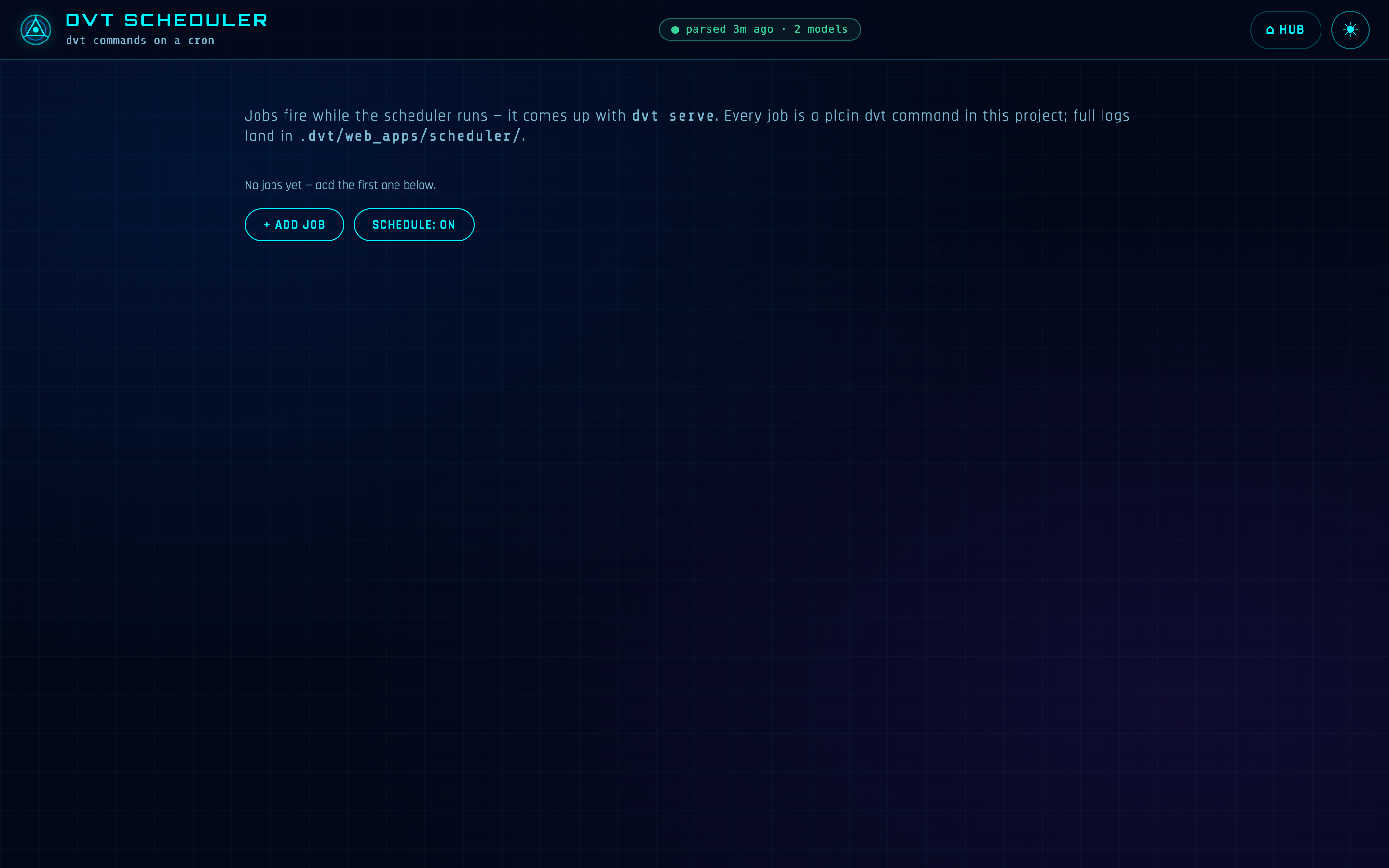 The job list: cadence pills, last and next runs, and per-job RUN NOW / ENABLE / KILL / LOGS controls.