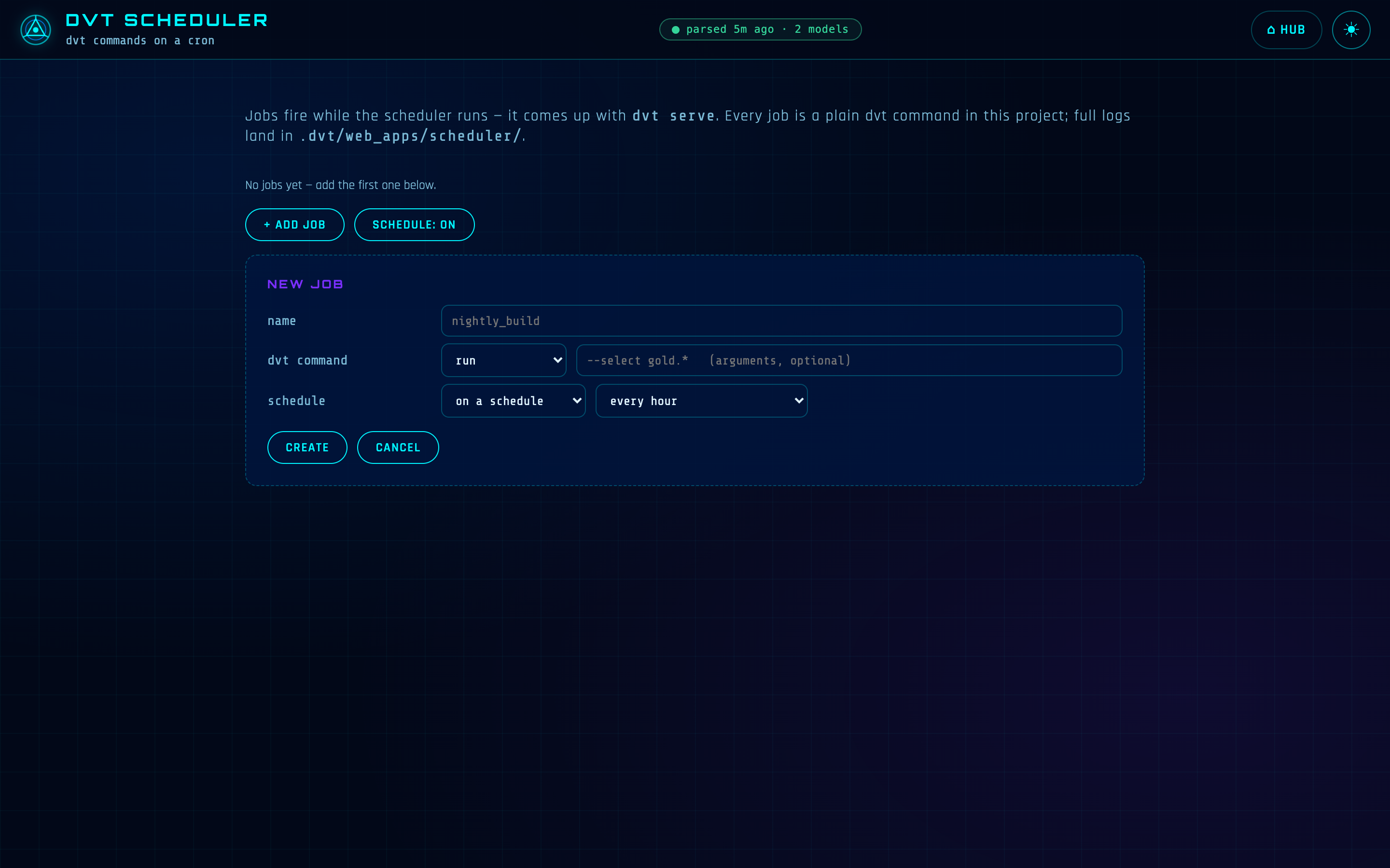 Creating a job: verb + arguments, then a preset cadence, the five-dropdown cron builder, or manual only.